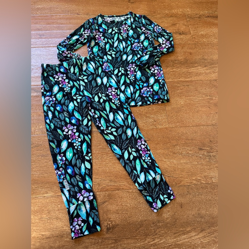 Kids Floral Leaf-Print Pajama Set - Black with Teal & Purple